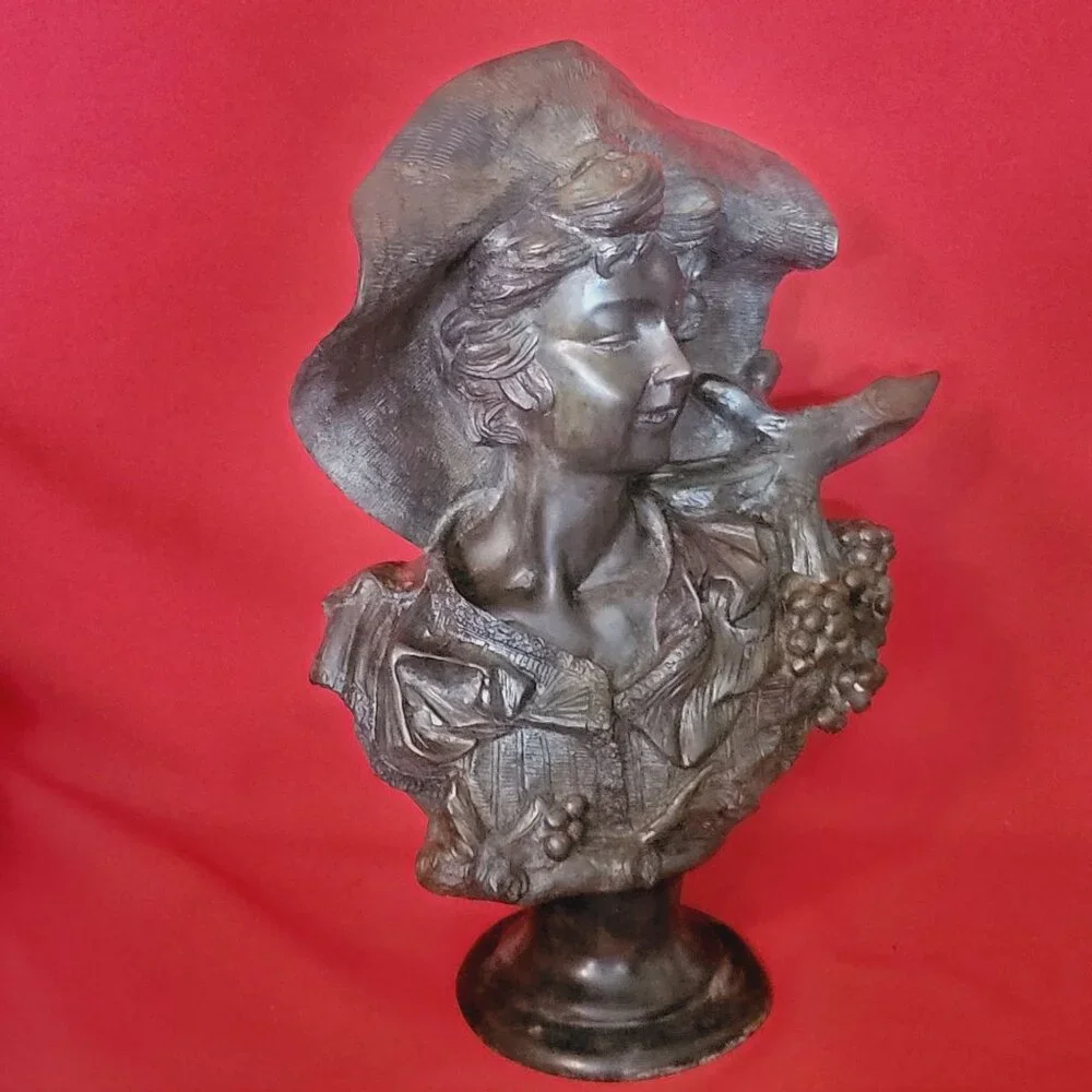 Maitland Smith Large Metal Brass Bust Lady of the Grapes Sculpture 14 Inches Tal
